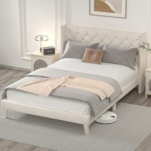 DOGIBIXO Full Size Bed Frame with Wingback Headboard, Upholstered Platform Bed Frame with Diamond Tufted Headboard & Lights, Wood Slat, Easy Assembly, Noise-Free, No Box Spring Needed, Beige