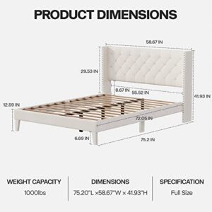 DOGIBIXO Full Size Bed Frame with Wingback Headboard, Upholstered Platform Bed Frame with Diamond Tufted Headboard & Lights, Wood Slat, Easy Assembly, Noise-Free, No Box Spring Needed, Beige