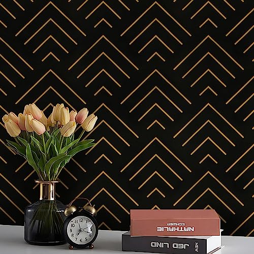 Heroad Brand Peel and Stick Wallpaper Black and Gold Wallpaper Geometric Wallpaper Black and Gold Contact Paper Self Adhesive Removable Wallpaper for Cabinets Waterproof Thicken Vinyl 118"x17.3"