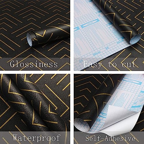 Heroad Brand Peel and Stick Wallpaper Black and Gold Wallpaper Geometric Wallpaper Black and Gold Contact Paper Self Adhesive Removable Wallpaper for Cabinets Waterproof Thicken Vinyl 118"x17.3"