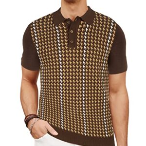 PJ PAUL JONES Retro Knitted Polo Shirt for Men 1950s Houndstooths Shirt Short Sleeve Button Down Knit Polos Knit Light Coffee S