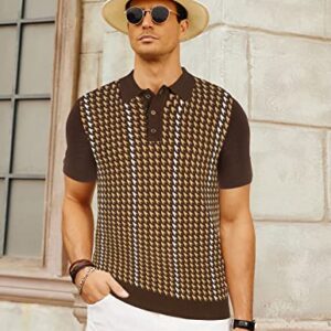 PJ PAUL JONES Retro Knitted Polo Shirt for Men 1950s Houndstooths Shirt Short Sleeve Button Down Knit Polos Knit Light Coffee S