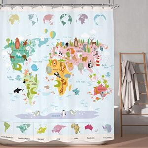 lghtyro kid animal world map shower curtain bathroom set 60wx71h inches educational funny cartoon wildlife learning tools geography bath accessories for boy girl art home decor fabric 12 pack hooks