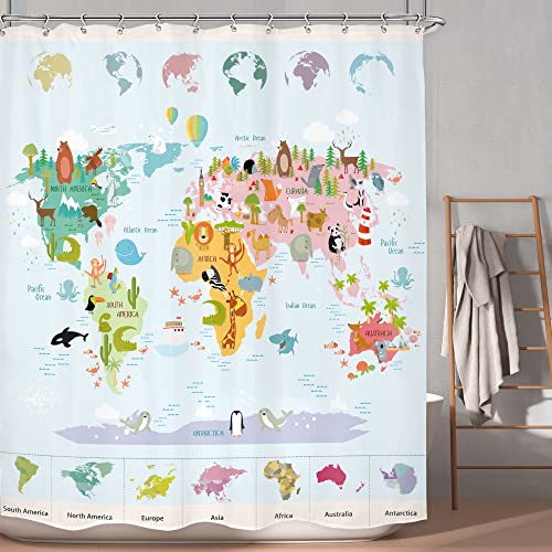 LGhtyro Kid Animal World Map Shower Curtain Bathroom Set 60Wx71H Inches Educational Funny Cartoon Wildlife Learning Tools Geography Bath Accessories for Boy Girl Art Home Decor Fabric 12 Pack Hooks