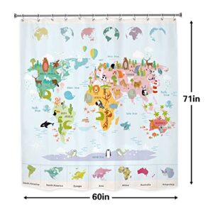 LGhtyro Kid Animal World Map Shower Curtain Bathroom Set 60Wx71H Inches Educational Funny Cartoon Wildlife Learning Tools Geography Bath Accessories for Boy Girl Art Home Decor Fabric 12 Pack Hooks