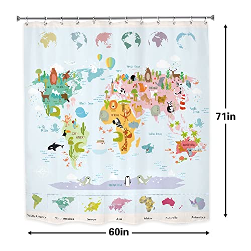 LGhtyro Kid Animal World Map Shower Curtain Bathroom Set 60Wx71H Inches Educational Funny Cartoon Wildlife Learning Tools Geography Bath Accessories for Boy Girl Art Home Decor Fabric 12 Pack Hooks