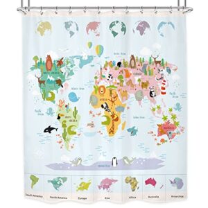 LGhtyro Kid Animal World Map Shower Curtain Bathroom Set 60Wx71H Inches Educational Funny Cartoon Wildlife Learning Tools Geography Bath Accessories for Boy Girl Art Home Decor Fabric 12 Pack Hooks
