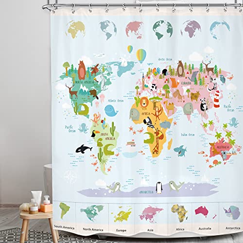 LGhtyro Kid Animal World Map Shower Curtain Bathroom Set 60Wx71H Inches Educational Funny Cartoon Wildlife Learning Tools Geography Bath Accessories for Boy Girl Art Home Decor Fabric 12 Pack Hooks