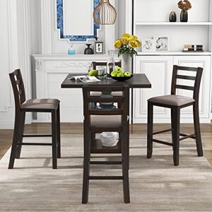 fanye 5-piece counter height kitchen & dining room dinette furniture sets include wooden square table with bottom storage shelves and 4 upholstered back chairs for 4 persons family meal,espresso