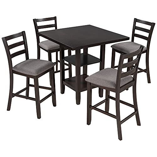 FANYE 5-Piece Counter Height Kitchen & Dining Room Dinette Furniture Sets Include Wooden Square Table with Bottom Storage Shelves and 4 Upholstered Back Chairs for 4 Persons Family Meal,Espresso