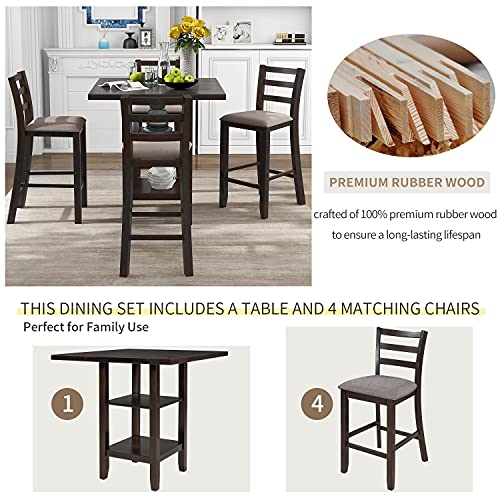 FANYE 5-Piece Counter Height Kitchen & Dining Room Dinette Furniture Sets Include Wooden Square Table with Bottom Storage Shelves and 4 Upholstered Back Chairs for 4 Persons Family Meal,Espresso