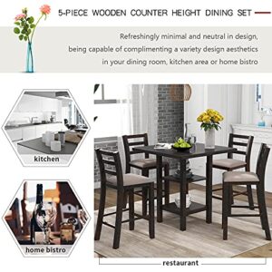 FANYE 5-Piece Counter Height Kitchen & Dining Room Dinette Furniture Sets Include Wooden Square Table with Bottom Storage Shelves and 4 Upholstered Back Chairs for 4 Persons Family Meal,Espresso