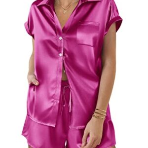 Ekouaer Silk Satin Pajamas Set Women Two-Piece Nightwear Short Sleeve Sleepwear Soft Button Down Loungewear Pjs Set Rose Red M