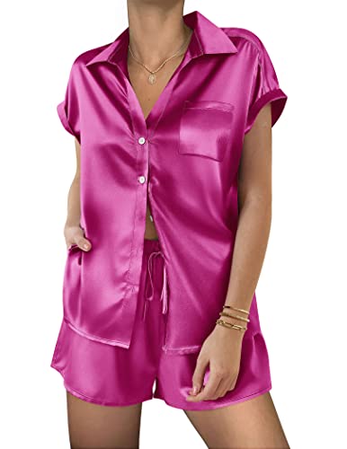 Ekouaer Silk Satin Pajamas Set Women Two-Piece Nightwear Short Sleeve Sleepwear Soft Button Down Loungewear Pjs Set Rose Red M