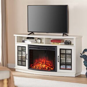 AMERLIFE Curved Fireplace TV Stand with 26'' Electric Fireplace, Media Entertainment Center Farmhouse Glass Door Storage Cabinet, Open Shelve Console Table for TVs up to 65'', Distressed White, 59''