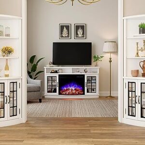 AMERLIFE Curved Fireplace TV Stand with 26'' Electric Fireplace, Media Entertainment Center Farmhouse Glass Door Storage Cabinet, Open Shelve Console Table for TVs up to 65'', Distressed White, 59''