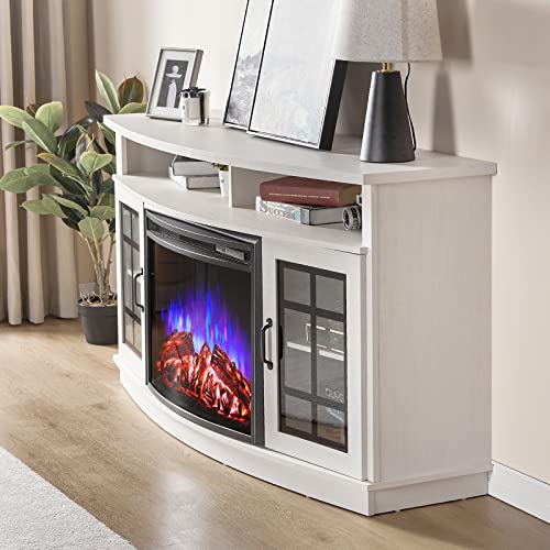 AMERLIFE Curved Fireplace TV Stand with 26'' Electric Fireplace, Media Entertainment Center Farmhouse Glass Door Storage Cabinet, Open Shelve Console Table for TVs up to 65'', Distressed White, 59''