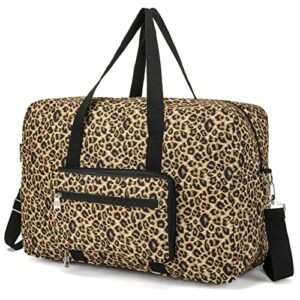 exyangee foldable travel duffel bag, medium women's weekender and overnight bag carry on luggage bag for women and girl（leopard）