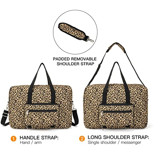 EXYANGEE Foldable Travel Duffel Bag, Medium Women's Weekender and Overnight bag carry on Luggage bag for Women and Girl（leopard）