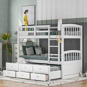 merax twin over twin bunk bed with trundle and 3 drawers, solid wood bunk bed frame with ladder and full guardrails, for teens, white