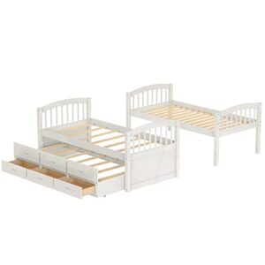 Merax Twin Over Twin Bunk Bed with Trundle and 3 Drawers, Solid Wood Bunk Bed Frame with Ladder and Full Guardrails, for Teens, White