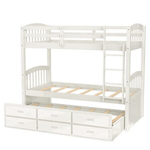 Merax Twin Over Twin Bunk Bed with Trundle and 3 Drawers, Solid Wood Bunk Bed Frame with Ladder and Full Guardrails, for Teens, White