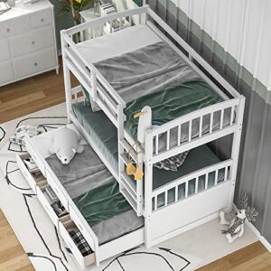 Merax Twin Over Twin Bunk Bed with Trundle and 3 Drawers, Solid Wood Bunk Bed Frame with Ladder and Full Guardrails, for Teens, White