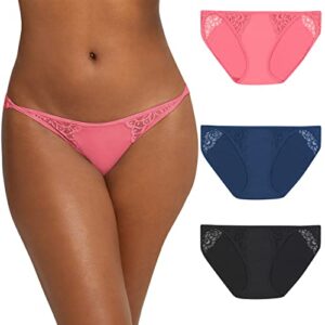 maidenform string panties with lace accents, bikini underwear for women, 3-pack, coral/navy eclipse/black, x-large