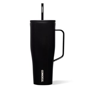 corkcicle tumbler with straw,lid, and handle, reusable water bottle, triple insulated stainless steel travel mug, bpa free, keeps beverages cold for 12 hours and hot for 5 hours, matte black, 30 oz