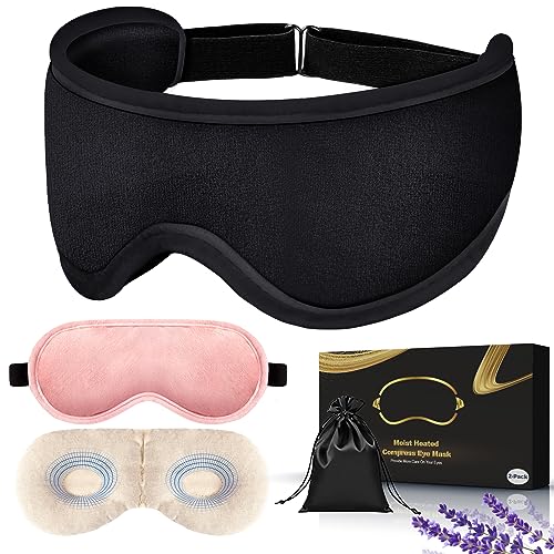 2 Packs Heated Eye Mask for Dry Eyes, Microwave Activated Moist Heat Therapy Compress Dry Eye, Warm Eye Mask for Dark Circles and Puffiness, Natural Therapy Cassia Lavender Eye Mask Black+ Pink