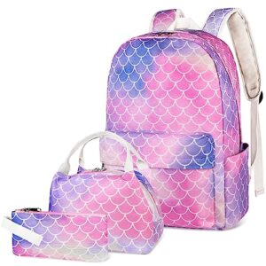 duphlagt girls backpack with lunch box, water resistant causal kids backpack, pencil case, lightweight elementary daypack school bag for teen girls (mermaid blue)