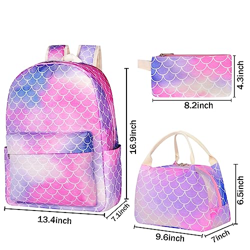 DUPHLAGT Girls Backpack with Lunch Box, Water Resistant Causal Kids Backpack, Pencil Case, Lightweight Elementary Daypack School Bag for Teen Girls (Mermaid Blue)