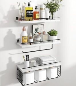 mefirt floating shelves, 3+2 tier bathroom shelves with paper towel holder & towel bar, wood wall décor shelves over toilet with wire storage basket & guardrail, farmhouse floating shelf - white