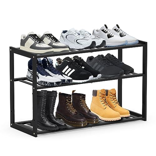 Jripae Bamboo Shoe Rack for Entryway, 3-Tier Stackable Dampproof Black Shoe Racks for Closet Closet Hallway Waterproof Shoe Organizer (Bamboo)