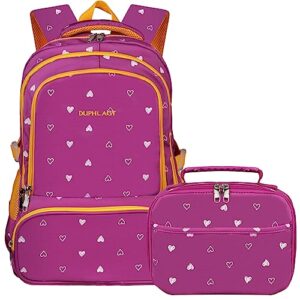duphlagt kids backpack for girls with lunch box, water resistant casual school bag, lightweight elementary daypack school backpack for teen girls (purple)