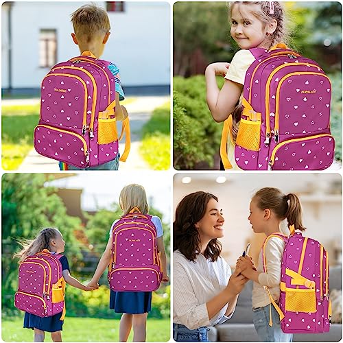 DUPHLAGT Kids Backpack for Girls with Lunch Box, Water Resistant Casual School Bag, Lightweight Elementary Daypack School Backpack for Teen Girls (Purple)