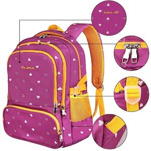 DUPHLAGT Kids Backpack for Girls with Lunch Box, Water Resistant Casual School Bag, Lightweight Elementary Daypack School Backpack for Teen Girls (Purple)