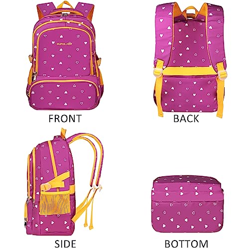 DUPHLAGT Kids Backpack for Girls with Lunch Box, Water Resistant Casual School Bag, Lightweight Elementary Daypack School Backpack for Teen Girls (Purple)