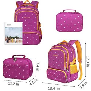 DUPHLAGT Kids Backpack for Girls with Lunch Box, Water Resistant Casual School Bag, Lightweight Elementary Daypack School Backpack for Teen Girls (Purple)