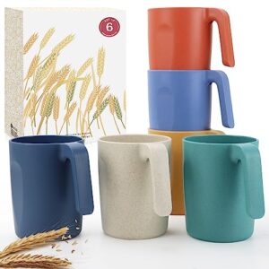 wrova 16oz wheat straw cups with handles set of 6-plastic cups reusable-unbreakable wheat straw cups-dishwasher safe & microwave safe-ideal mugs for tea,coffee,camping,rv-vibrant color