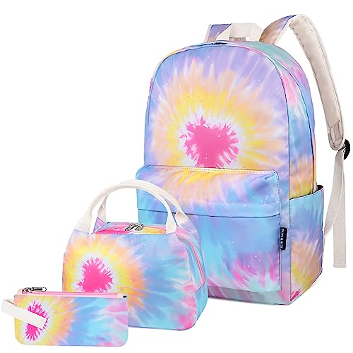 DUPHLAGT Backpack for Girls Boys, Water Resistant Causal Kids Backpack with Lunch Box, Pencil Case, Lightweight Daypack School Bag for Elementary Teen Girls (Tie-dye Heart Yellow)