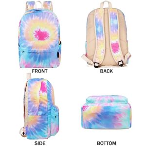 DUPHLAGT Backpack for Girls Boys, Water Resistant Causal Kids Backpack with Lunch Box, Pencil Case, Lightweight Daypack School Bag for Elementary Teen Girls (Tie-dye Heart Yellow)