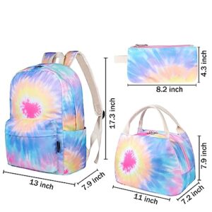 DUPHLAGT Backpack for Girls Boys, Water Resistant Causal Kids Backpack with Lunch Box, Pencil Case, Lightweight Daypack School Bag for Elementary Teen Girls (Tie-dye Heart Yellow)