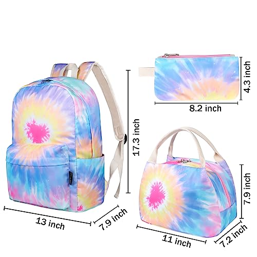 DUPHLAGT Backpack for Girls Boys, Water Resistant Causal Kids Backpack with Lunch Box, Pencil Case, Lightweight Daypack School Bag for Elementary Teen Girls (Tie-dye Heart Yellow)