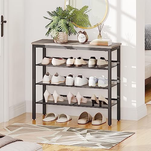 HOOBRO Shoe Rack, 4-Tier Shoe Rack, Shoe Shelf for Entryway, Closet, Holds 12-15 Pairs of Shoes, Shoe Storage Organizer with 3 Metal Mesh Shelves, Solid and Stable, Industrial, Greige BG42XJ01