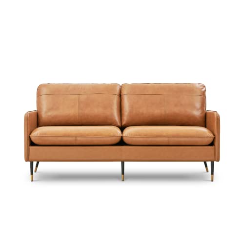 Z-hom 79" Top-Grain Leather Sofa, 3 Seater Leather Couch, Mid-Century Modern Couch for Living Room Bedroom Apartment Office, Cognac Tan