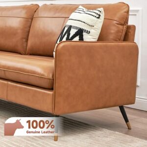 Z-hom 79" Top-Grain Leather Sofa, 3 Seater Leather Couch, Mid-Century Modern Couch for Living Room Bedroom Apartment Office, Cognac Tan