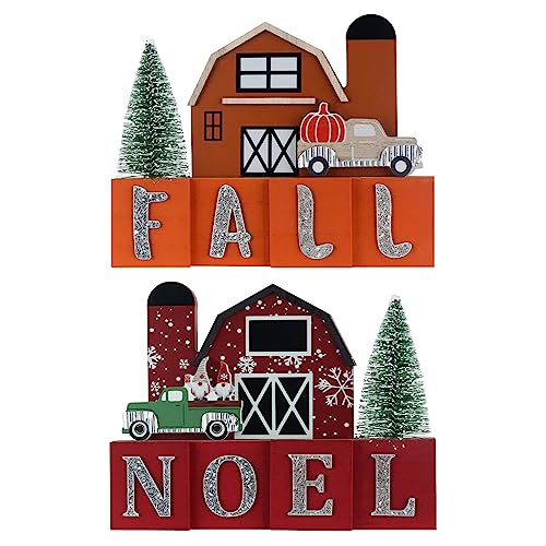 Fall Decorations for Home, DECSPAS 1PC Double-sided Wooden House Sign for Fall Decor Christmas Decorations Indoor, FALL NOEL Sign Wooden Truck Faux Christmas Tree Ornaments for Table, Mantel, Shelf