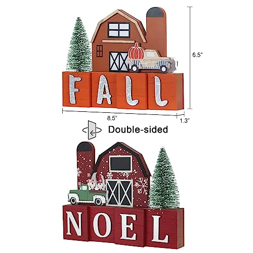 Fall Decorations for Home, DECSPAS 1PC Double-sided Wooden House Sign for Fall Decor Christmas Decorations Indoor, FALL NOEL Sign Wooden Truck Faux Christmas Tree Ornaments for Table, Mantel, Shelf