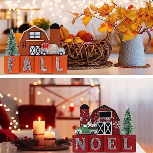 Fall Decorations for Home, DECSPAS 1PC Double-sided Wooden House Sign for Fall Decor Christmas Decorations Indoor, FALL NOEL Sign Wooden Truck Faux Christmas Tree Ornaments for Table, Mantel, Shelf